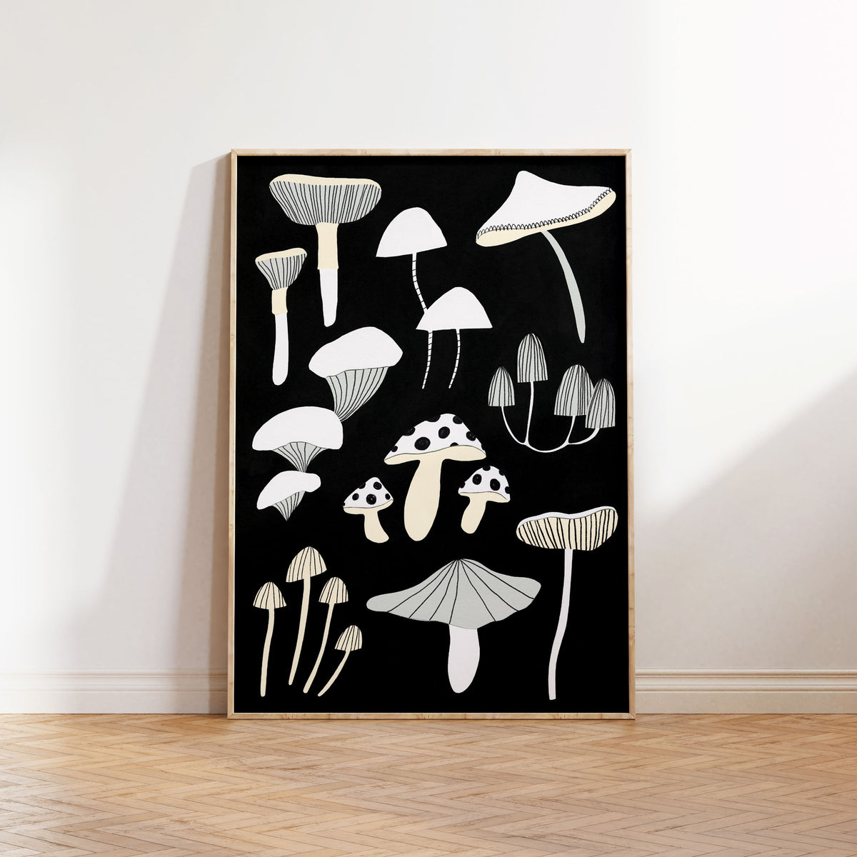 Black + White Mushrooms Art Print A3