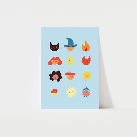 Cute Faces Art Print Blue image 0