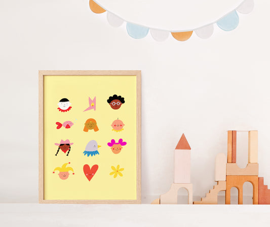 Cute Faces Art Print Yellow