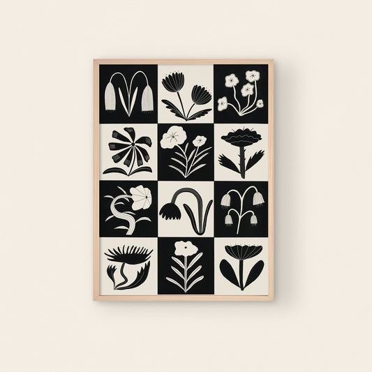 Black + White Flowers Art Print A4