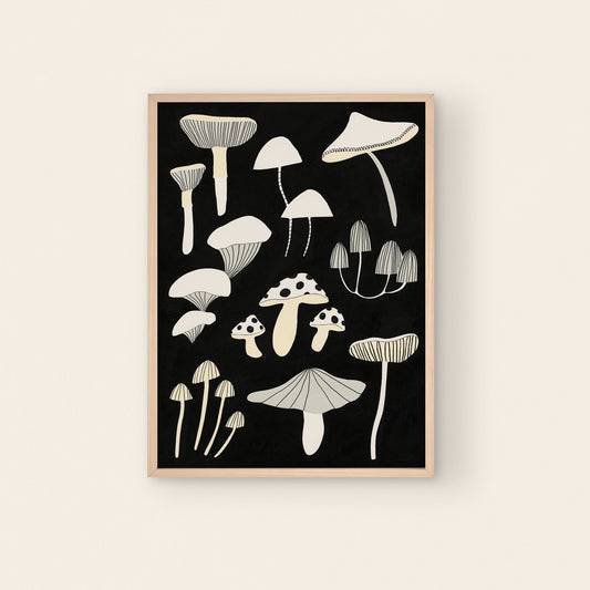 Mushrooms Black + White Art Print A4