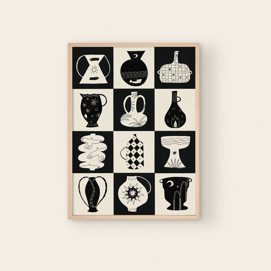 Black + White Pots Art Print A3